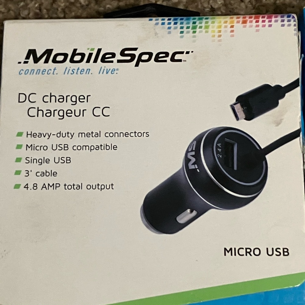 Mobile Spec Car Charger with USB Port and Micro Cord attached